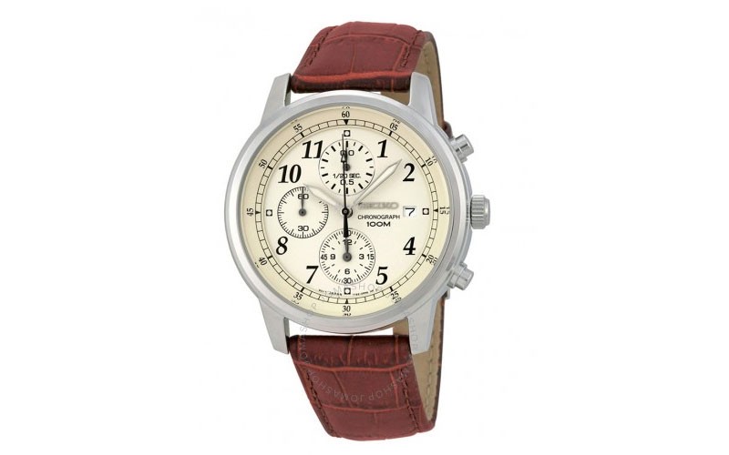 Seiko Chronograph Beige Dial Burgandy Leather Mens Watch