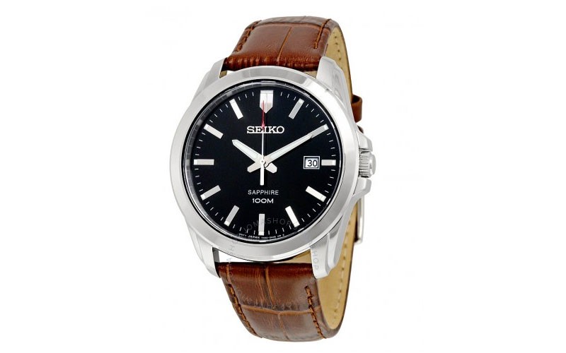 Seiko Black Dial Brown Leather Mens Watch