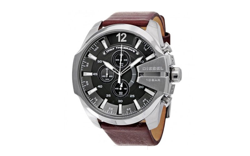Diesel Mega Chief Chronograph Grey Dial Brown Leather Mens Watch
