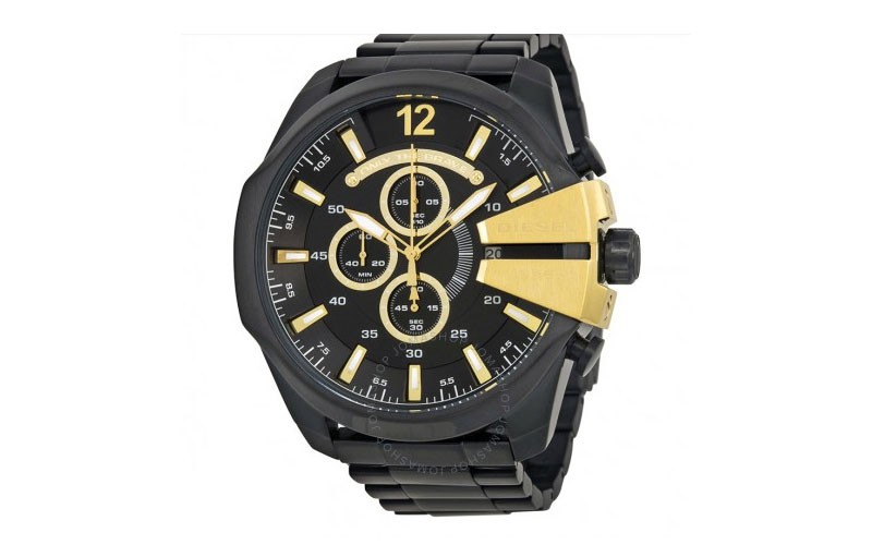 Diesel Mega Chief Chronograph Black Dial Black Ion-plated Mens Watch