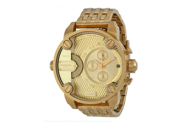 Diesel Little Daddy Dual Time Chronograph Gold tone Dial Steel Mens Watch
