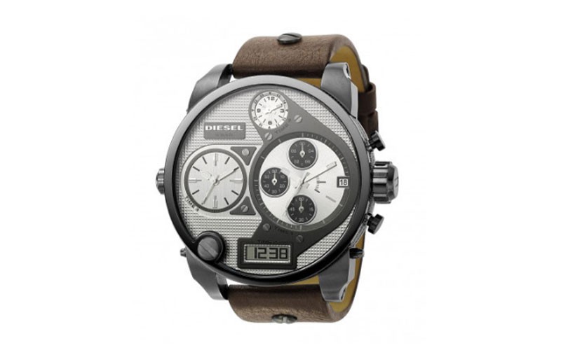 Diesel Daddies Series Silver Tone Dial Dual Time Chronograph Mens Watch 