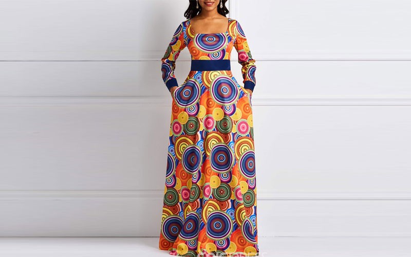 Ericdress Square Neck Print Long Sleeve Geometric Maxi Dress