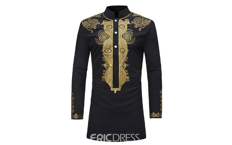 Ericdress Dashiki Print Slim Fitted Stand Collar Mens Mid Length Shirts