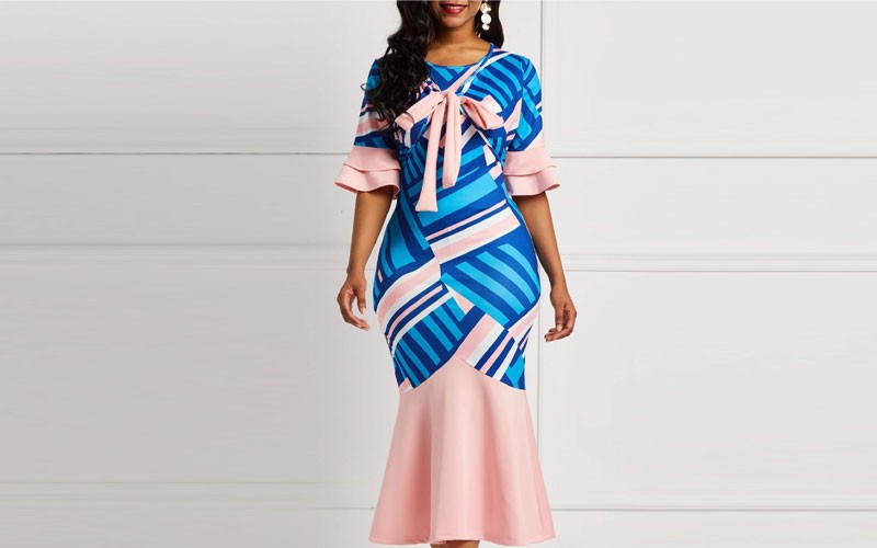 Ericdress Bowknot Falbala Sleeve Geometric Print Dresses