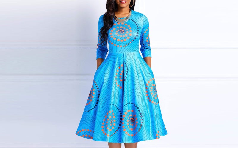 Ericdress Ankara Print Round Neck Three Quarter Sleeve Color Block A-Line Dress