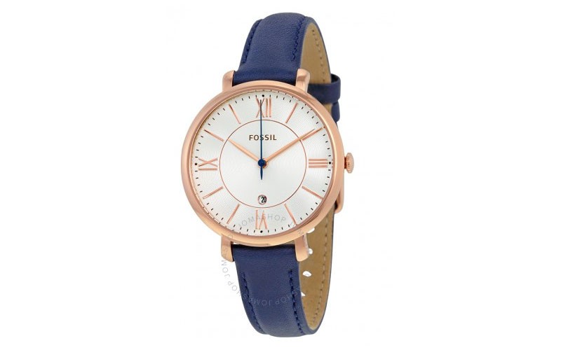 Fossil Jacqueline Silver Dial Navy Leather Quartz Ladies Watch