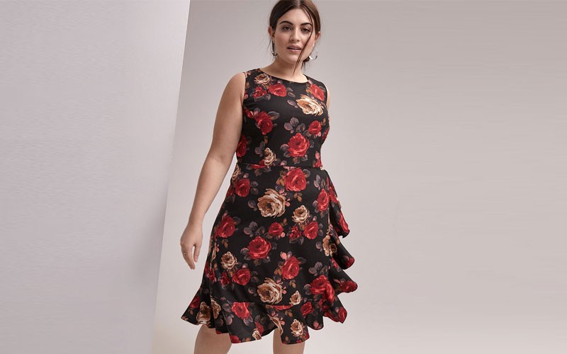 Printed Fit and Flare Dress with Ruffle Detail