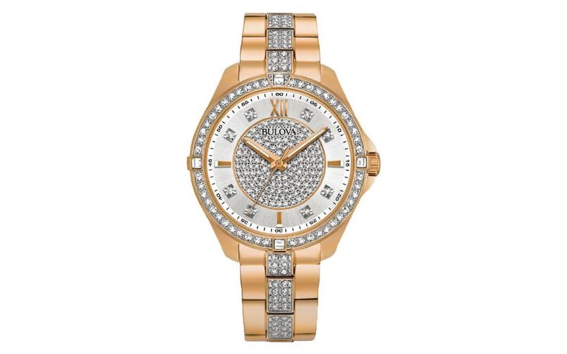 Bulova Womens Crystal Dress Watch Rose Tone Bracelet Silver Crystal Dial