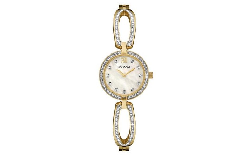 Bulova Womens Crystal Bangle Style Watch Gold-Tone White Mother Of Pearl