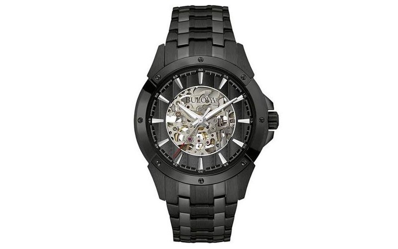 Bulova Mens Automatic Black Dress Watch Skeleton Dial Bracelet