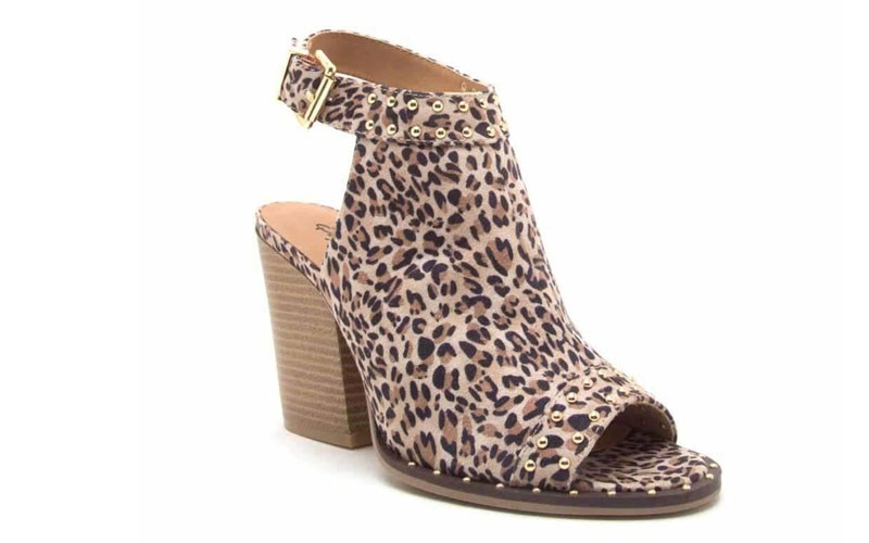 Qupid Shoes Barnes Studded Leopard Peep Toe Booties in 