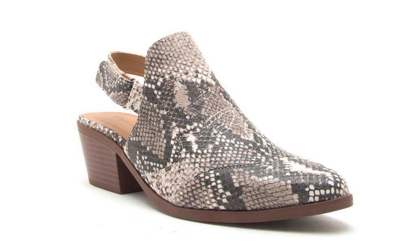 Qupid Shoes Montana Faux Snake Skin Sling Back Mules in Beige