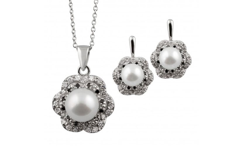 Bella Pearl Sterling Silver Floral Pendant and Earring Set
