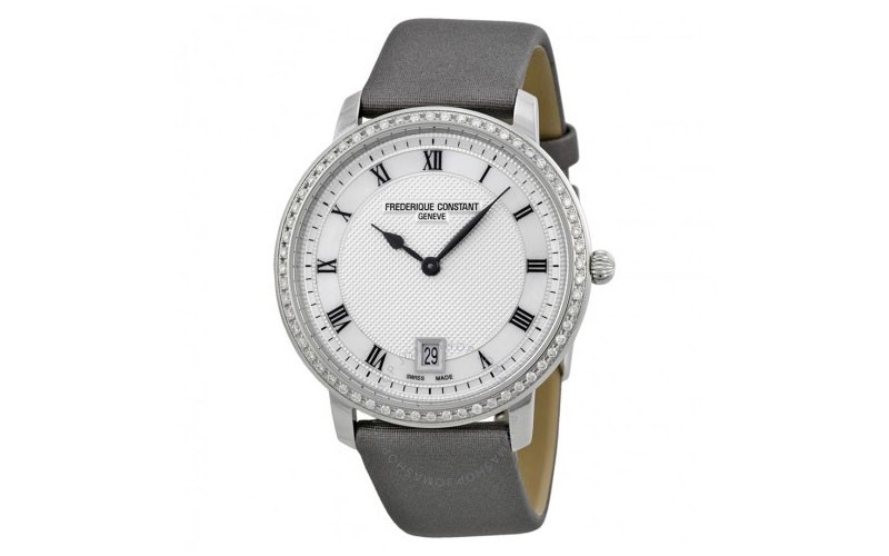 Frederique Constant Slim Line Silver Guilloche Dial Grey Satin Ladies Watch