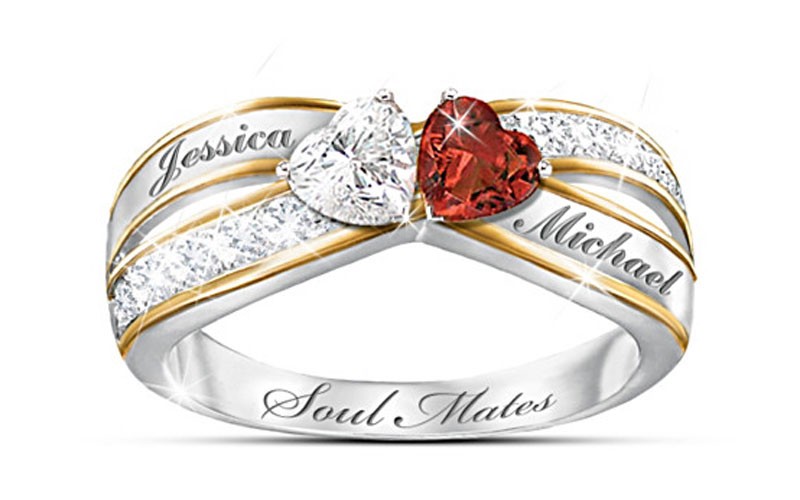 Two Hearts Become Soul Mates Topaz & Garnet Engraved Ring