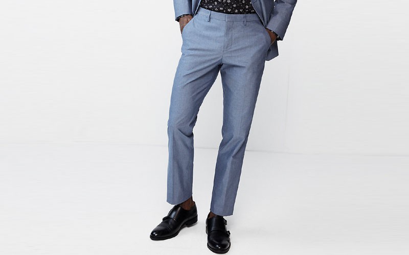 Slim Blue Chambray Cotton Suit Pant