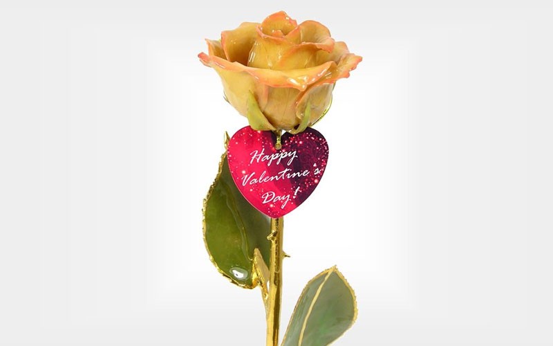 24k Gold Stem Valentines Day Rose and Engraved Heart