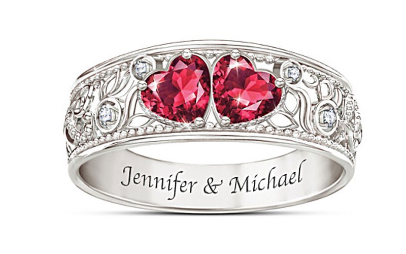 Diamond And Simulated Ruby Personalized Ring With 2 Names