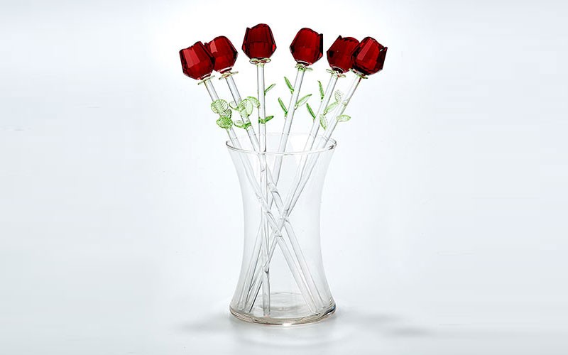 Handmade Red Glass Roses In Vase Set of 6