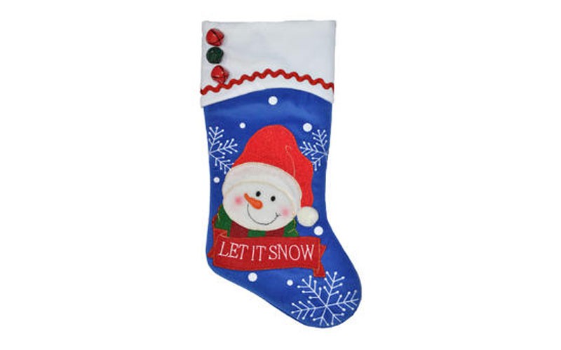 Trim A HomeÂ® 20 Appliqued Snowman Blue Stocking with Bells On Cuff