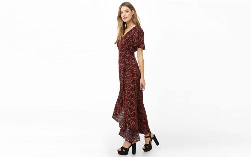 Heart Print Wrap Maxi Dress