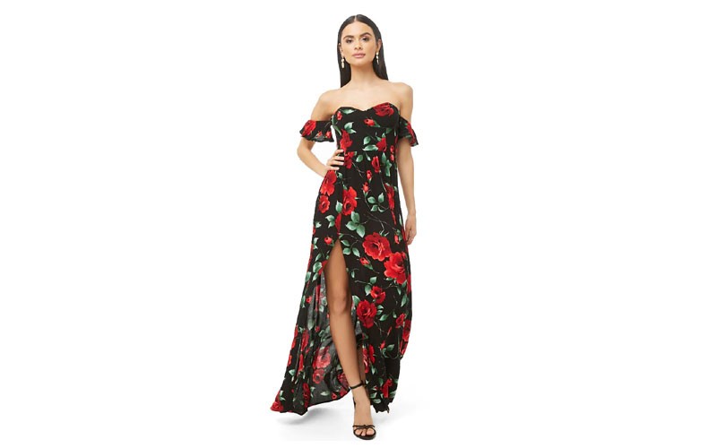 Off the Shoulder Rose Print Dress