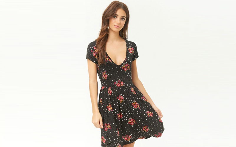 Floral V Neck Mini Skater Dress