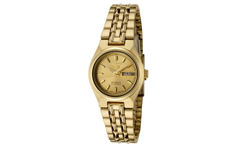 Seiko Womens SYMA04 Seiko 5 Automatic Gold Dial Gold Tone Stainless Steel Watch