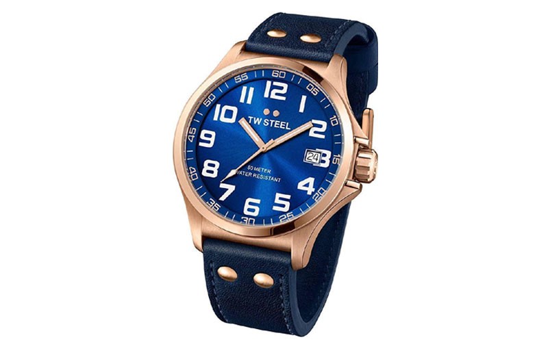 TW Steel Pilot Sunray Blue Dial Rose Gold PVD Steel Blue Leather Mens Watch