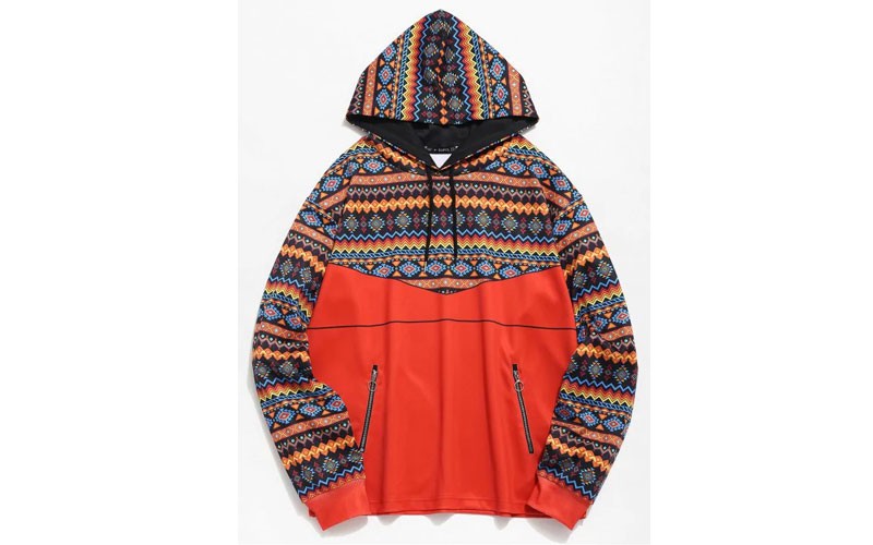 Zaful Ethnic Print Zip Pockets Hoodie Tangerine