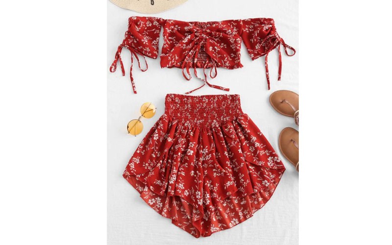 Off Shoulder Cinched Floral Set Chestnut Red