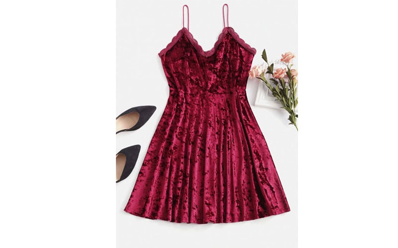 Zaful Crochet Panel Scalloped Velvet Dress Red Wine