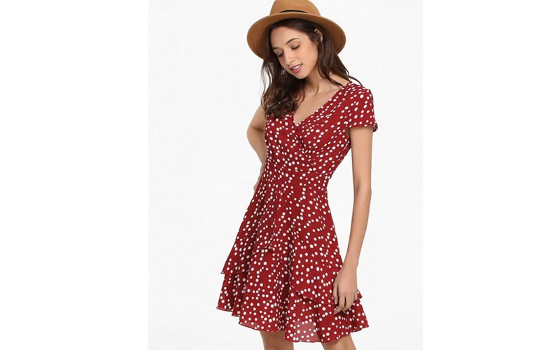 Zaful Polka Dot Surplice Mini Dress Red Wine