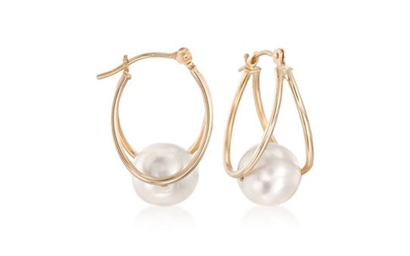 8-9mm Cultured Pearl Double Hoop Earrings in 14kt Yellow Gold 3/4