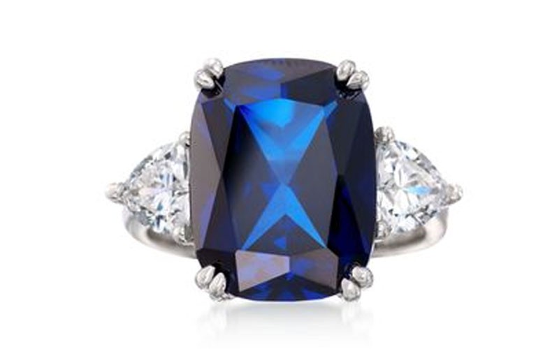 Cushion-Cut Simulated Sapphire and 1.75 ct. t.w. CZ Ring in Sterling Silver