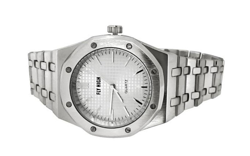 Silver Brushed Octagon Bezel Watch For Men