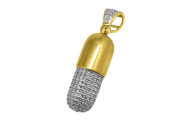 Pill 0.60Cttw Diamond Hip Hop Pendant 10K Yellow Gold For Men