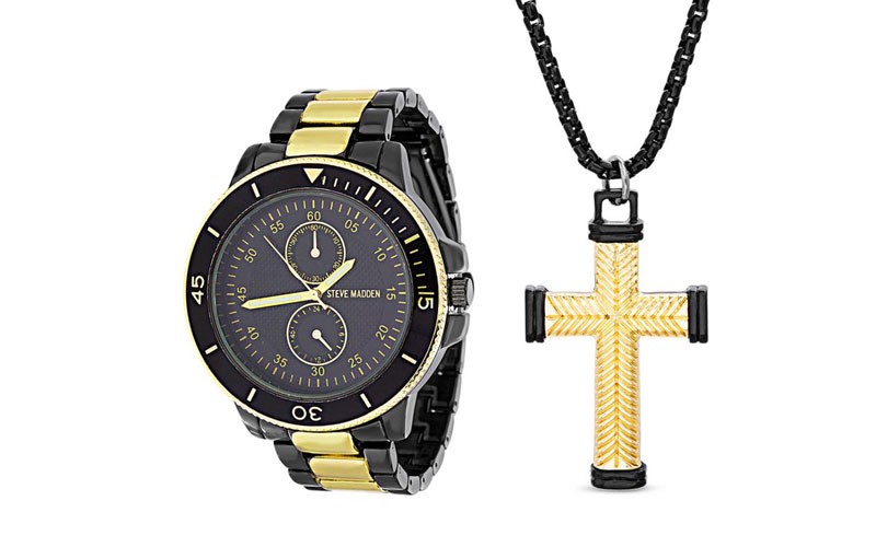 Steve Madden Men's Round Case Bracelet Link Watch & Cross Necklace 2-PC Set