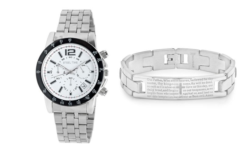 Mens Stainless Steel Watch And Prayer Bracelet Set