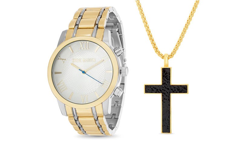 Steve Madden Mens 2-Tone Link Round Case Watch & Black Cross Necklace Set