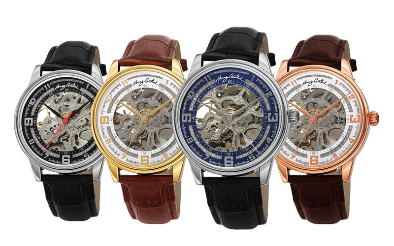 Henry Grethel Mens Skeleton Automatic Leather Strap Watch