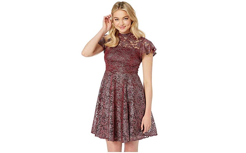 Betsey Johnson Short Sleeve Mock Neck Foiled Lace Fit and Flare Dress