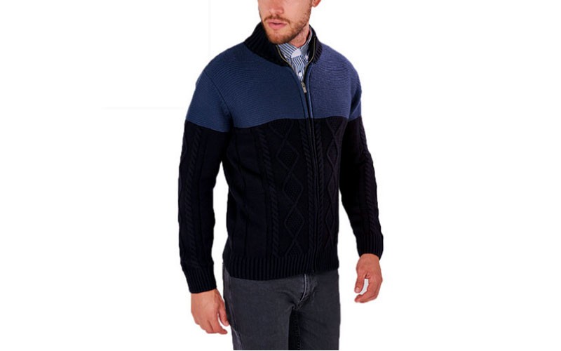 Contrast Knit Zip-Up Sweater Navy