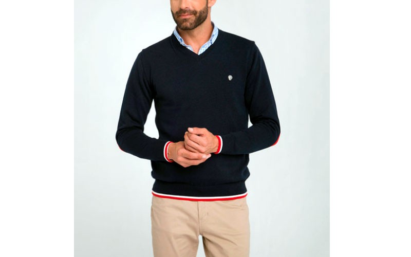 Men's Pullover Contrast Hem & Cuffs Navy Sweater