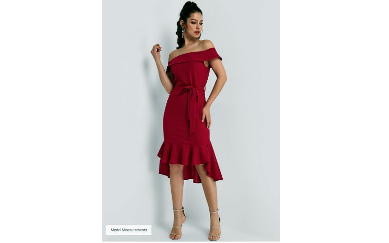 Wine Red Belt Design Off The Shoulder Flounced Hem Dress