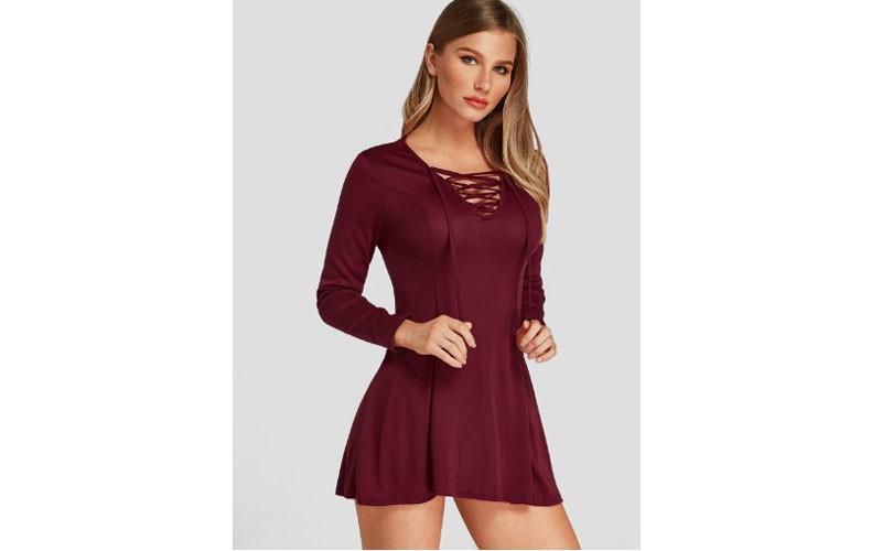 Burgundy Criss-cross 3/4 Length Sleeves Mini Dress