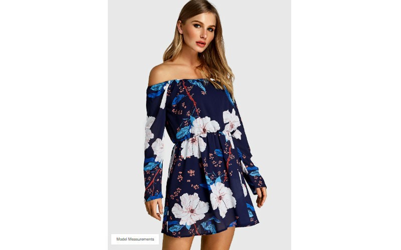 Navy Random Floral Print Off Shoulder Stretch Waistband Dress Navy Random Floral