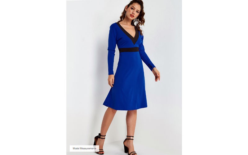 Blue V-neck Long Sleeves Midi Dress