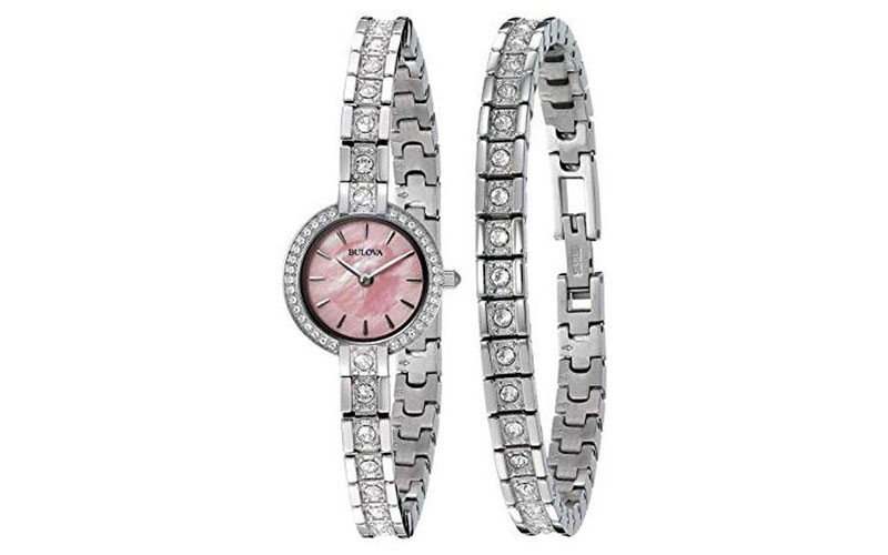 Bulova Ladies Crystal Watch & Bracelet Set Pink Mother Of Pearl Dial